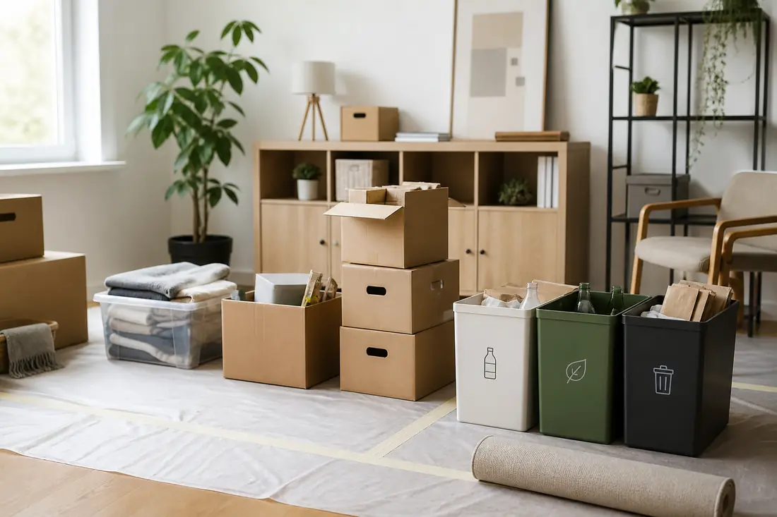 Sortierte Gegenstände und Recyclingbehälter